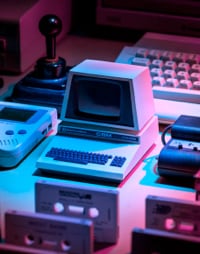 Retro computer equipment surrounded by colorful light